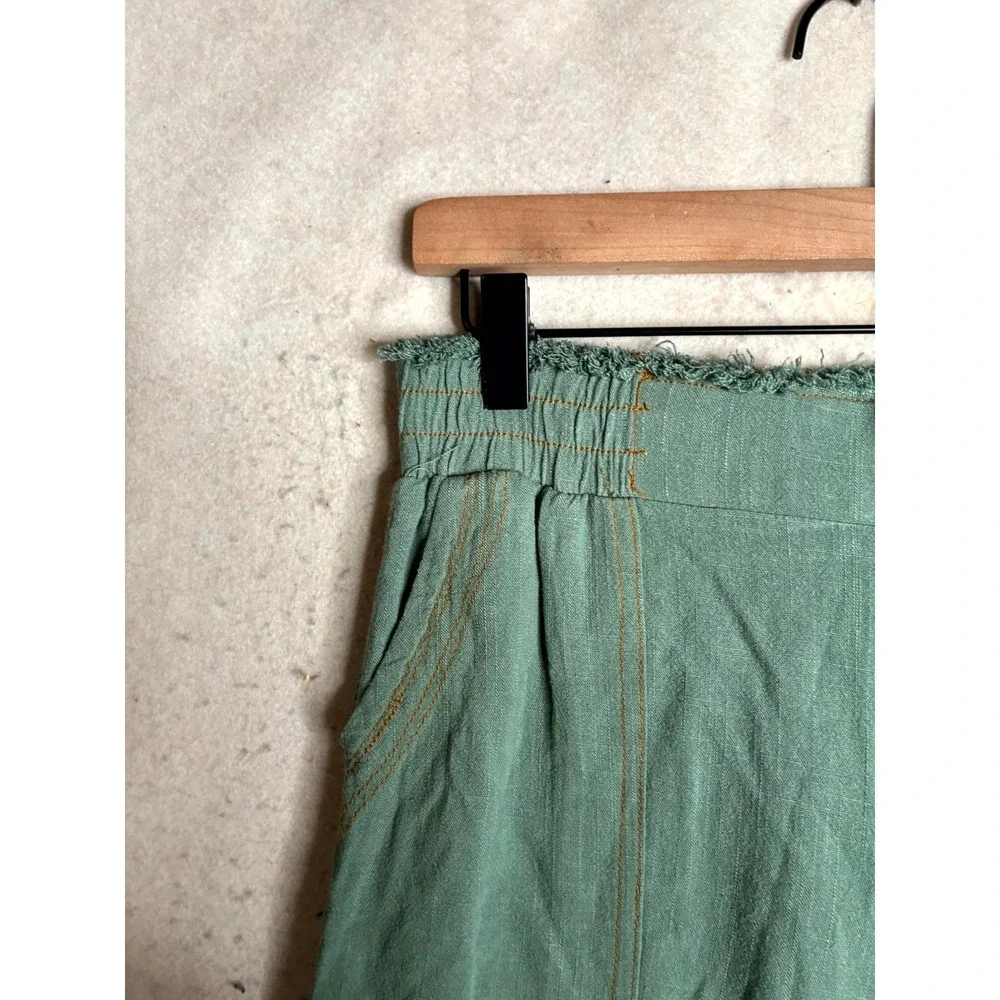 Umgee Linen Blend Cargo Pants Women Small Green Reg Fit Frayed Hem High Waisted